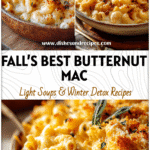 Close-up of Roasted Butternut Squash Mac And Cheese served in a rustic dish with golden topping.